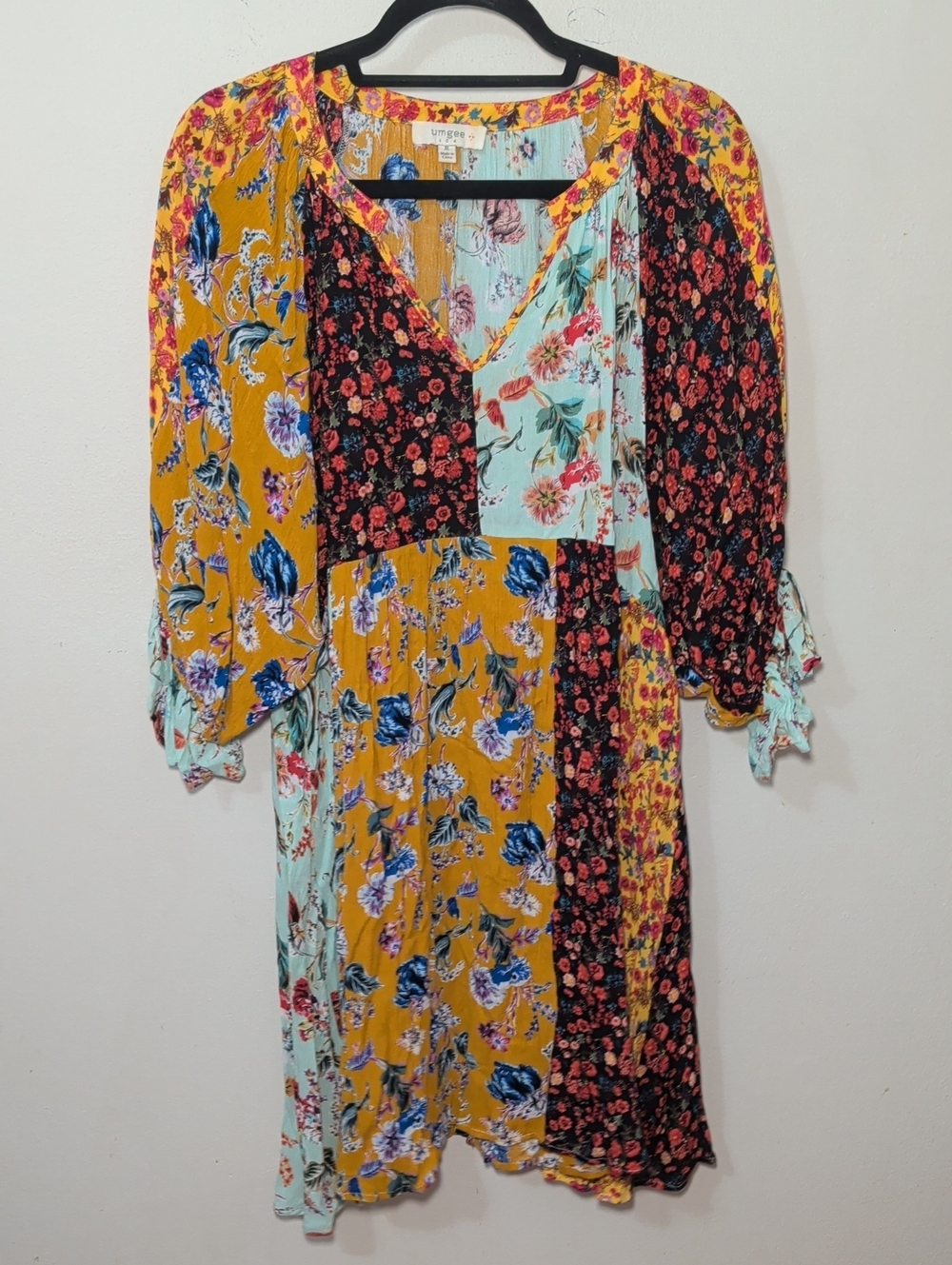 Umgee Floral Mixed Print Patchwork Babydoll Dress Yellow Blue Women's Size XL